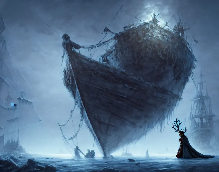 Prompt: frozen zombie man with a crown, eyes glows, broken sailing ship boat in the background, is at dawn and bluish, fantasy, intricate, elegant, highly detailed, digital painting, artstation, concept art, matte, sharp focus, illustration, art by aenaluck and roberto ferri and greg rutkowski, epic fantasy, digital painting