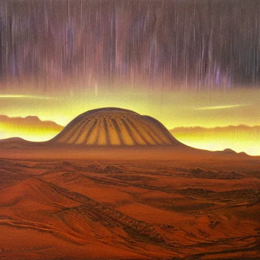 Image similar to beautiful view on hills on mars, sunset, beautiful lightning by hr giger, oil on canvas