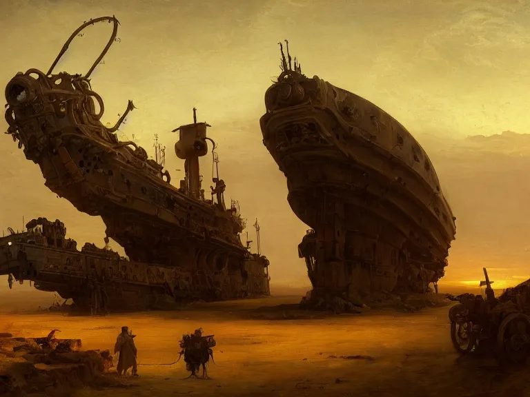 Prompt: an oil painting of an ancient dieselpunk ship in the middle of an alien desert at dusk, aurora and stars light up the sky by carl spitzweg and tuomas korpi. baroque elements, full-length view. baroque element. intricate artwork by caravaggio. Trending on artstation. 8k