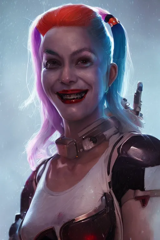 Image similar to a portrait of a sci-fi Harley Quinn by Greg Rutkowski, Sung Choi, Mitchell Mohrhauser, Maciej Kuciara, Johnson Ting, Maxim Verehin, Peter Konig, final fantasy , mythical, 8k photorealistic, cinematic lighting, HD, high details, atmospheric,