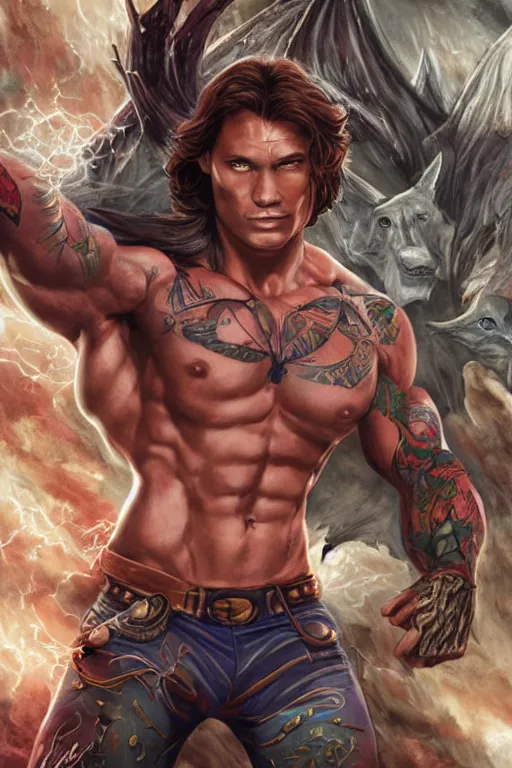 Image similar to muscular sam winchester as a mage tattooed in the cover of an acotar book, sarah j. maas, d & d!, fantasy style, sharp focus!, ultra detailed, art by artgerm and peter andrew jones, wlop