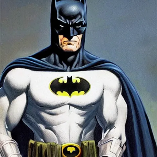 Image similar to an ultra - realistic head and shoulders portrait painting of batman with his cowl on in the style of frank frazetta. 4 k. ultra - realistic. highly detailed. dark fantasy. epic lighting.