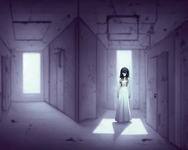 Prompt: creepy woman wearing white dress standing in the backrooms, psychological horror, the eerie forlorn atmosphere of a place that's usually bustling with people but is now abandoned and quiet, buzzing fluorescent lights above the ceiling, unsettling images, liminal space, dark, art by makoto shinkai