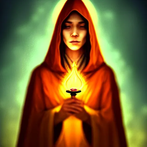 Image similar to ( a priestess with a hood that covers half her face carries an incense burner that emits a pleasantly colored flame. ) by anato finnstark, photorealistic, full body portrait, dynamic lighting, beautiful, trending on artstation, wallpaper, 4 k, award winning, digital art, golden hues, dream background