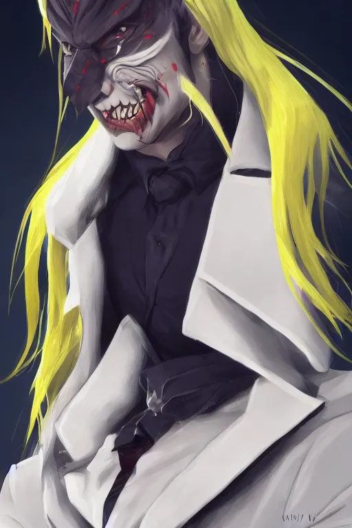 Prompt: A beautiful full body painting of a smug male vampire by kuvshinov Ilya, handsome face, dark coat, white hair, yellow eyes, , trending on artstation, pixiv, 4k, HDR, unreal engine