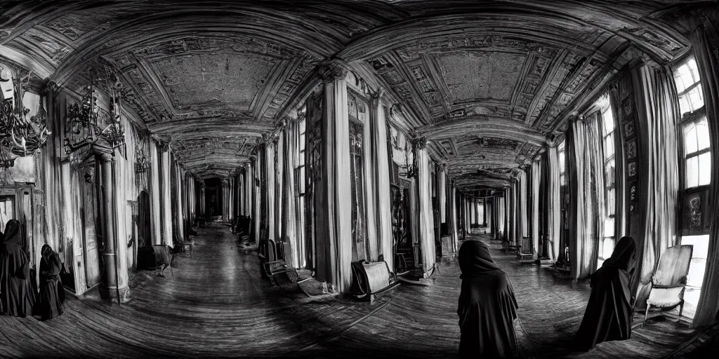 Prompt: house hall with 1 0 old women wearing black hooded cloaks, evil, black and white, lurking, looking at the camera, fear, dramatic lighting, equirectangular, 3 6 0 º