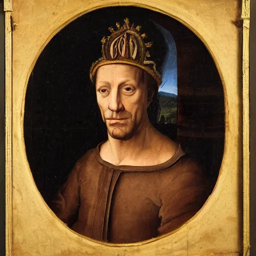 Image similar to a renaissance style portrait of Camelus dromedarius wearing a crown and a cape, dark background