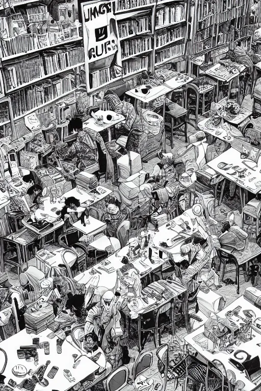 Prompt: surreal line art by kim jung gi!, an extremely busy coffee and book shop store, couches and chairs and tables, lazy women and men everywhere drinking and eating, rule of third!!!!, line art, 8 k, super detailed, high quality, isometric view