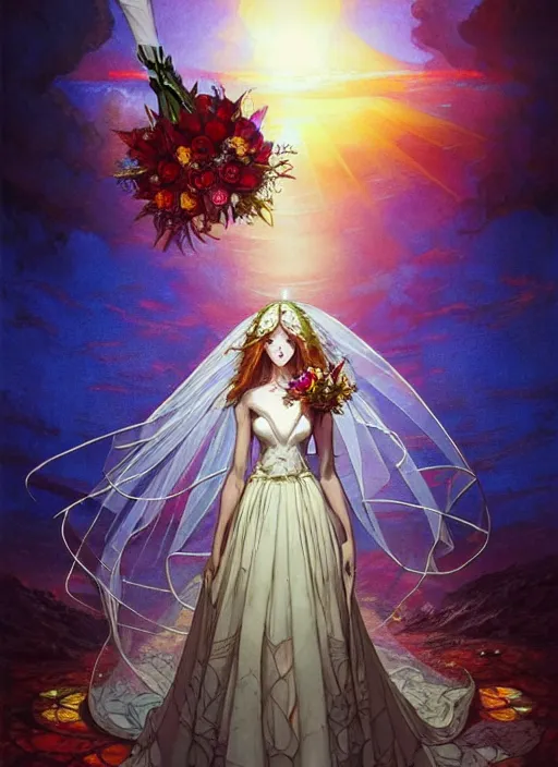 Prompt: close up picture of a extremely beautiful and cute and aesthetic bride walking on the stained glass virgin road, holding bouquet, bright color, sun shining through, blushes, sharp focus, highly detailed face, chiaroscuro, art by anato finnstark and lecouffe deharme and pete mohrbacher and quentin mabille, fantasy light novel cover art illustrations