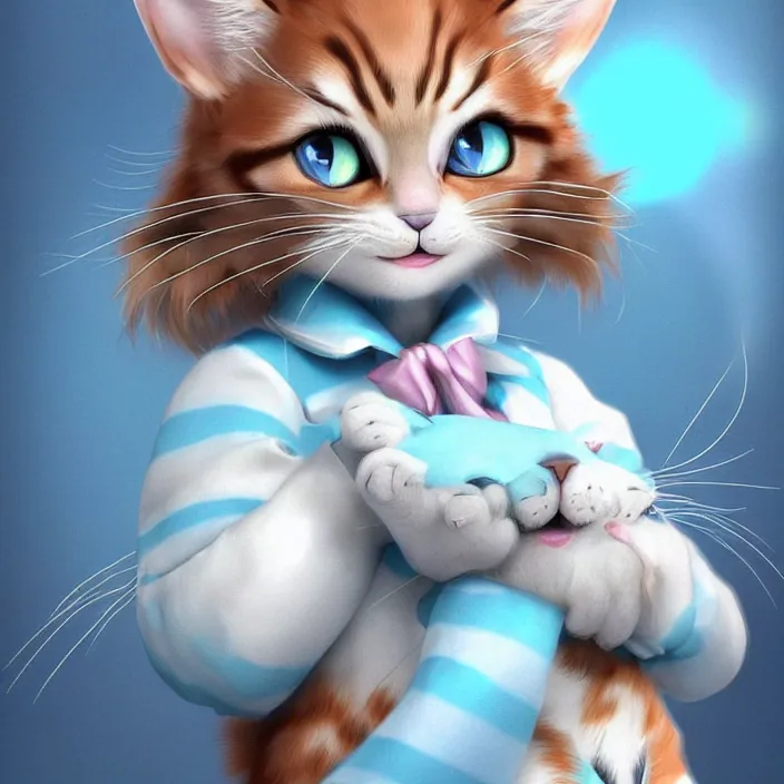 Kawaii Cartoon Cat. Funny Smiling Little Kitty with Pink Stripes