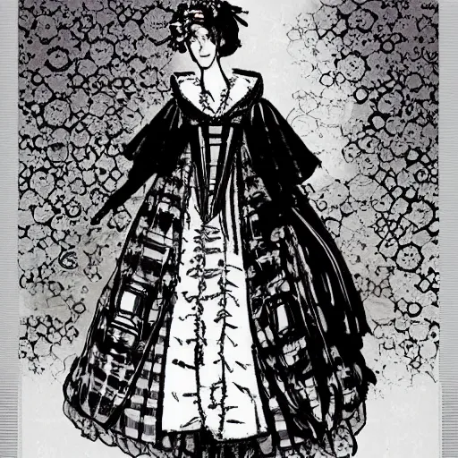 Prompt: Bill gates crossdressing in victorian gown, drawn in the style of yoji shinkawa, extremely detailed, fractal frame