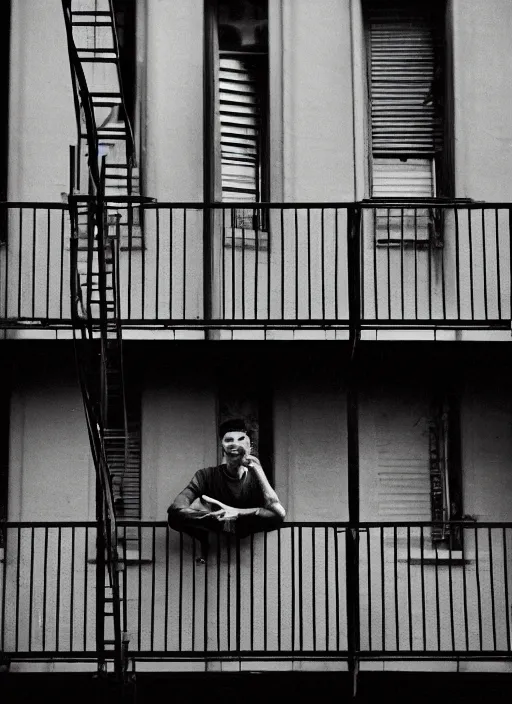 Image similar to a 35mm photograph of a man sitting on a fire escape in New York City in the 1960's at sunset, bokeh, Canon 50mm, cinematic lighting, photography, retro, film, Kodachrome, award-winning, rule of thirds, golden hour