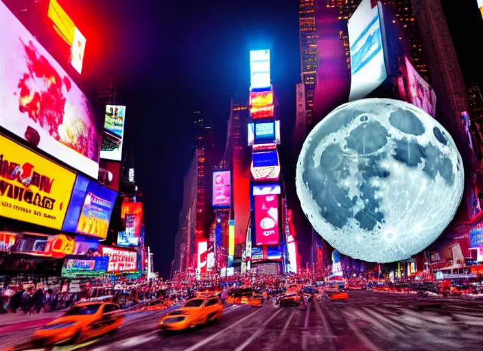 Image similar to film still of the moon shattering into pieces exploding moon over time square in the new disaster, 8 k, night time