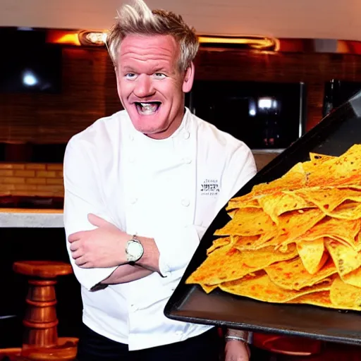 Image similar to < photo hd trending funny > gordon ramsey exudes joy from seeing an incredibly oversized plate of nachos < photo >