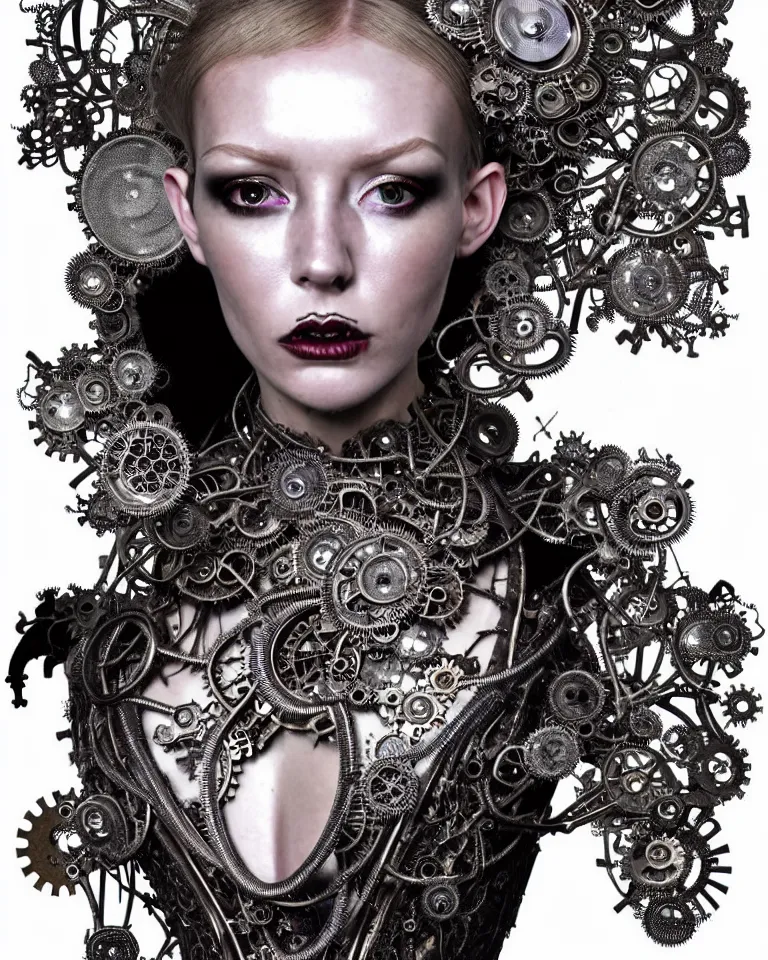 Image similar to highly detailed photo full body portrait of complex bio-mechanical beautiful young female demonic cyborg with a Mandelbrot fractal steampunk metal fine lace face, retrofuturistic depressing hopeless horrific vibe, radiating dark energy aura, curled silver hair and a fine metal floral foliage super big lace collar by Alexander McQueen:: high fashion, haute couture, rococo, steampunk, silver filigree details, anatomical, facial muscles, cable wires, microchip, elegant, hyper realistic, 150 mm lens, soft rim light, octane render, unreal engine, volumetric lighting, 8k, muted reflective metallic coloring, sharp focus