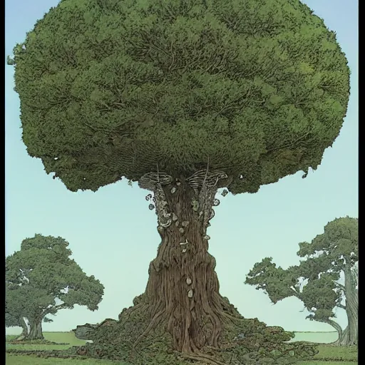 Prompt: a large tree growing from a large floating crystalline solid, by moebius