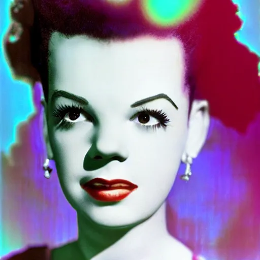 Prompt: a realistic detailed studio portrait photo of judy garland as the the bride of frankenstein, vaporwave