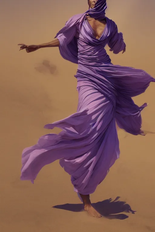 Prompt: full lenght flowing twisted clothes like tornado a old tuareg woman, many fabric, stones near foot, wind, stands on sand, full body shot, dark background, pastel purple colour scheme, jellyfish phoenix, highly detailed. by caravaggio, greg rutkowski, trending by artstation