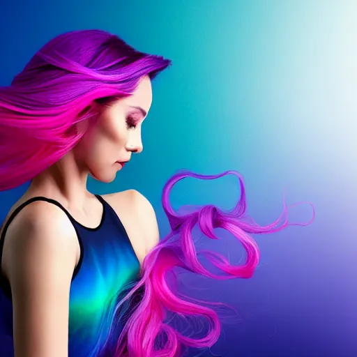 Image similar to a award winning half body portrait of a beautiful woman in a croptop with a ombre purple pink teal hairstyle with head in motion and hair flying, teal gradient background, outrun, vaporware, vivid colors, highly detailed, fine detail, intricate