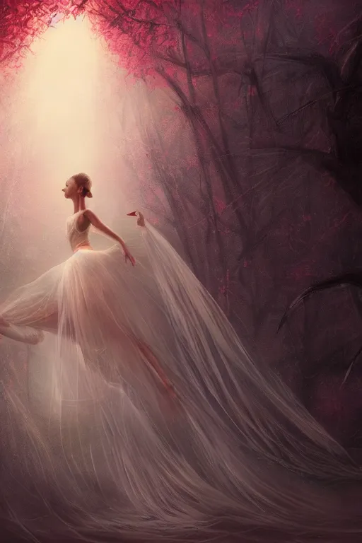 Image similar to prima ballerina, gorgeous, ethereal, intricate, elegant, volumetric lighting, nature scenery, digital painting, highly detailed, artstation, sharp focus, illustration, concept art, clive barker