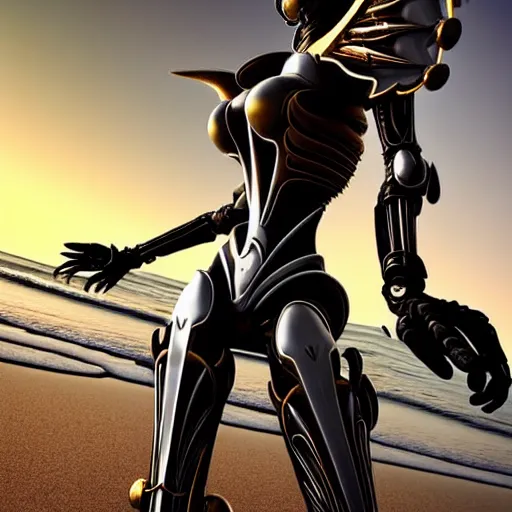 Image similar to looking up at a highly detailed 300 foot tall giant exquisite beautiful stunning valkyr female warframe, as an anthropomorphic robot dragon, posing elegantly over your tiny form, detailed legs looming over you, camera on the ground, at the beach on a sunset, sleek streamlined design, streamlined matte black armor, sharp detailed claws, detailed sharp robot dragon feet, worms eye view, giantess shot, upward shot, ground view shot, leg shot, front shot, epic cinematic shot, high quality warframe fanart, captura, realistic, professional digital art, high end digital art, furry art, giantess art, anthro art, DeviantArt, artstation, Furaffinity, 8k HD render, epic lighting