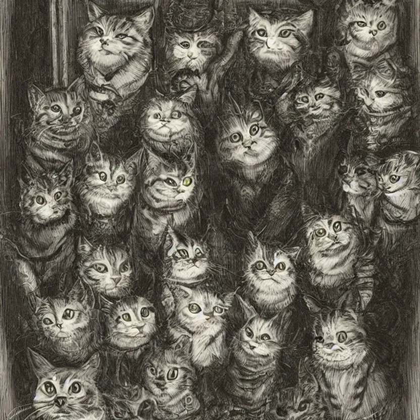 Prompt: a bunch of lovecraftian horror cats staring at you sitting in a dark victorian alley, uplight