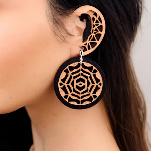 Prompt: laser cut wood earrings, designs, trippy