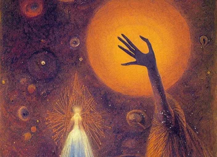 Image similar to A shaman holding up the universe, by Remedios Varo, reflection, symbolist, soft colors, dramatic lighting, smooth, sharp focus, extremely detailed, aesthetically pleasing composition