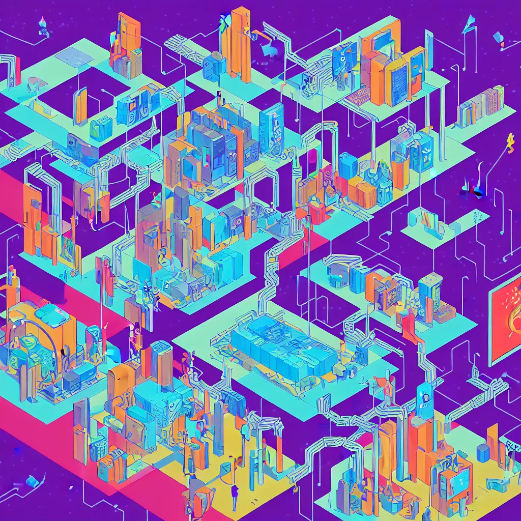 Image similar to illustration of a data-center architecture or schema, security agent, datapipeline or river, painting by Jules Julien, Leslie David and Lisa Frank and Peter Mohrbacher and Dave LaChapelle muted colors with minimalism
