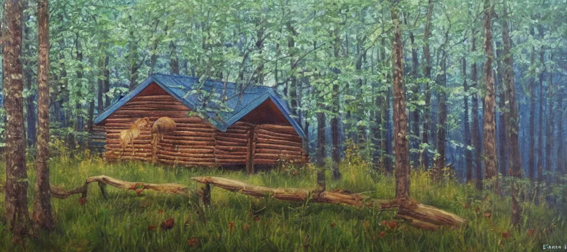 Prompt: realist painting of a log cabin in the forest, beautiful painting, oil on canvas, by Ewa Czarniecka, award winning masterpiece,