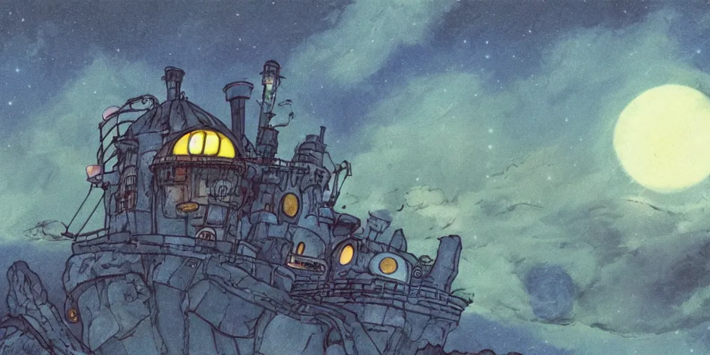 Image similar to a realistic and atmospheric cell - shaded concept art from howl's moving castle ( 2 0 0 4 ) of a multi - colored ufo from close encounters of the third kind ( 1 9 7 7 ). it is a misty starry night. very dull colors, hd, 4 k, hq