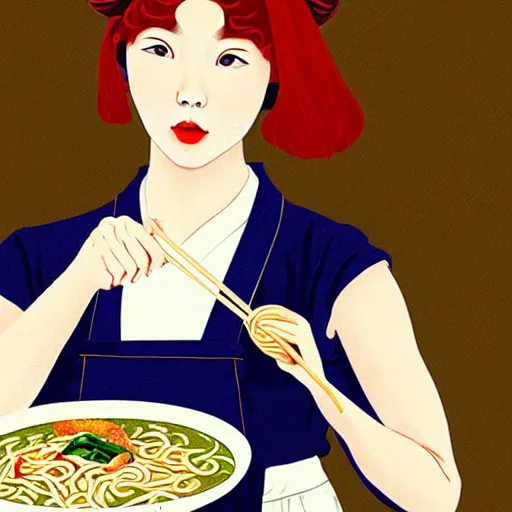 Image similar to beautiful japanese female model eating ramen soup portrait in the style of art nouveau anya taylor - joy