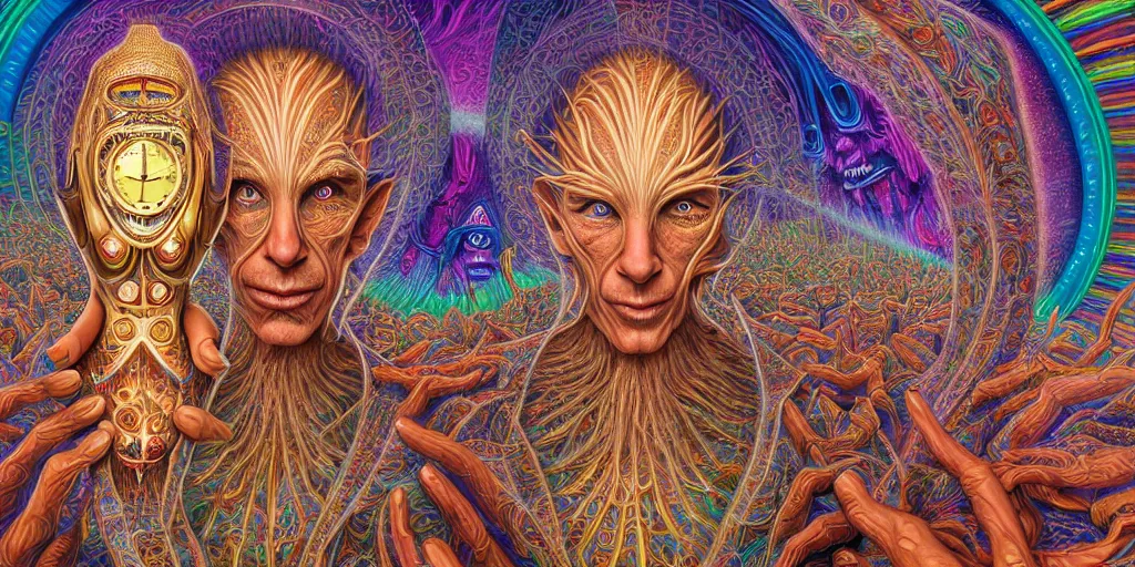 Prompt: hyper detailed portrait of a dmt time elf greeting a psychonaught, cathedral background, masterpiece composition, 8 k resolution, ultra fine illustration, alex grey, todd schorr, casey weldon, tokio aoyama, highly detailed,