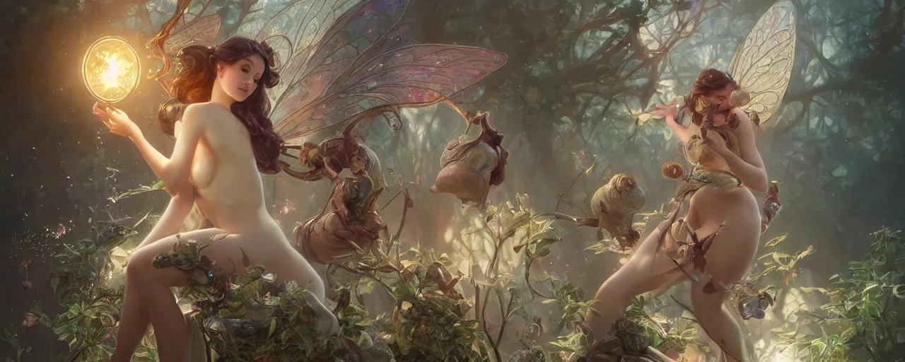 Image similar to a beautiful fairy next to a giant snail with sparkles, D&D, fantasy, intricate, cinematic lighting, highly detailed, digital painting, artstation, concept art, smooth, sharp focus, illustration, art by Artgerm and Greg Rutkowski and Alphonse Mucha