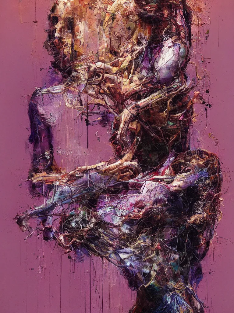 Prompt: a beautiful glitched painting by robert proch of an anatomy study of the human nervous system, color bleeding, pixel sorting, copper oxide and rust materials, brushstrokes by jeremy mann, cold top lighting, pastel purple background