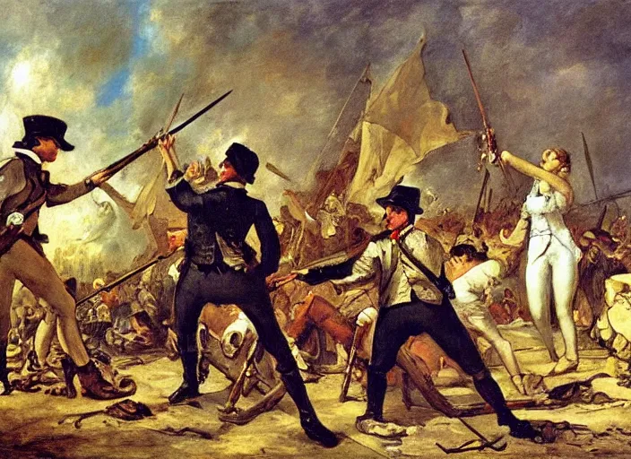 Image similar to romanticism painting of spongebob during the french revolution, by eugene delacroix