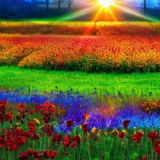 Image similar to candles, field of flowers, magic enchantment, rainbow, sunshine, fall