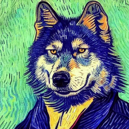 Prompt: retarded wolf portrait, van gogh style, complimentary colors