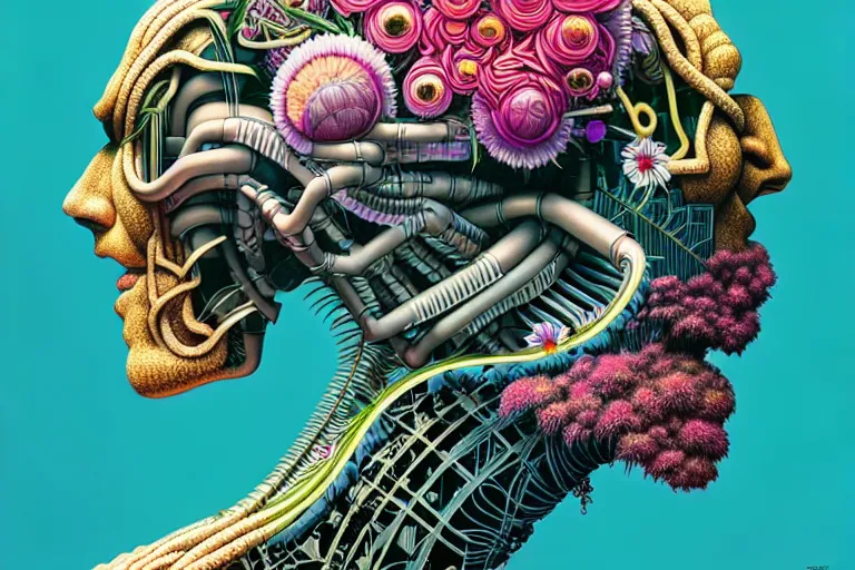 Image similar to gigantic robot head, a lot of exotic vegetation, trees, flowers by moebius, junji ito, tristan eaton, victo ngai, artgerm, rhads, ross draws, hyperrealism, intricate detailed, risograph