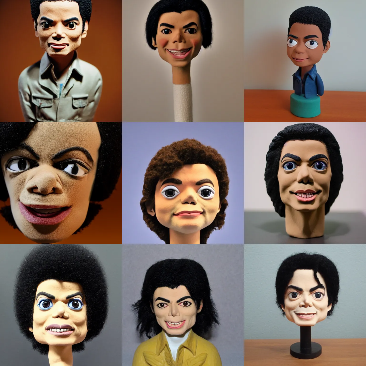 Prompt: michael jackson!!! very realistic!!! smooth specular clay! extremely close smooth specular sculpted headshot of michael jackson clay puppet , soft light, fog , on wooden table. style: claymation puppet kids clay , by guldies