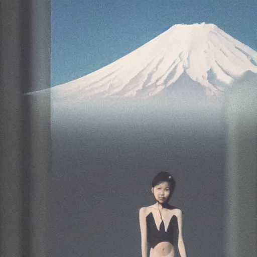 Image similar to a instax photo of fuji mountain, a tall japanese girl in a transparent sheer fabric dress against the background of fuji mountain, severe snow, full body shot, perfect symmetrical body, perfect symmetrical face, coherent symmetrical eyes, hyperrealistic, hyperdetailed, octane render, 8 k