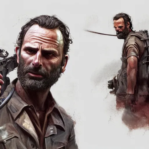 Image similar to rick grimes, portrait, fantasy, medieval, vivid colors, elegant, concept art, sharp focus, digital art, Hyper-realistic, 4K, Unreal Engine, Highly Detailed, HD, Dramatic Lighting by Brom, trending on Artstation