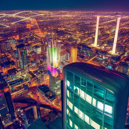 Prompt: A futuristic city street lit by a massive arcology building, viewed from a high vantage point. A large, smokestack-like tower rises into the air, its many reflective surfaces reflecting the neon lights of the city below.