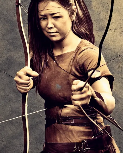 Image similar to photo of world, full body, women with a bow and arrow, female archer, warrior, realistic face