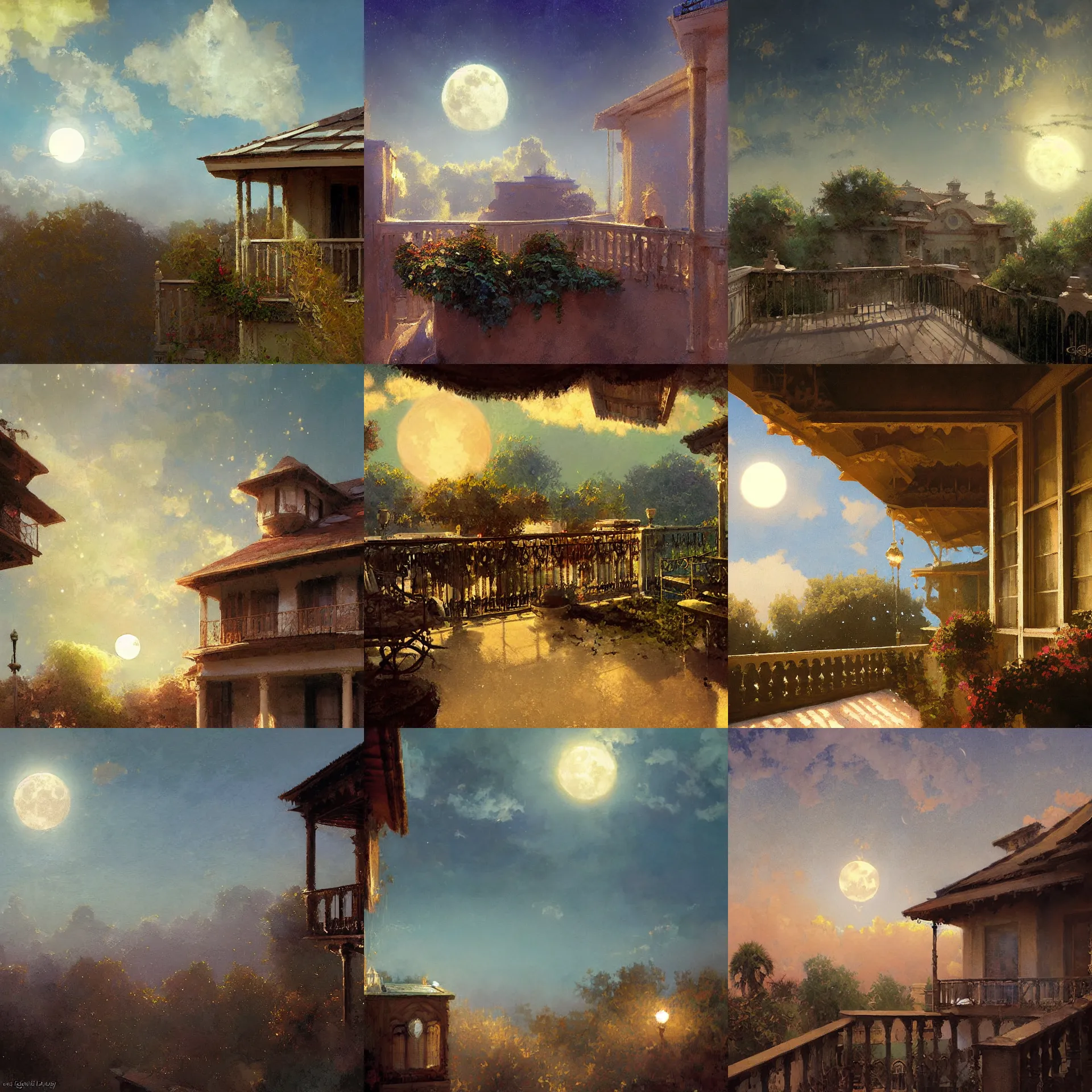 Prompt: digital art painting of a house balcony view of a full moon sky, fluffy clouds painted by craig mullins and gaston bussiere and greg rutkowski, dramatic lighting