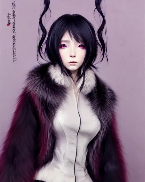 Prompt: fur - lined dragonhide jacket!!! beautiful and elegant female!! gorgeous ayes!! character concept art, sharp focus, illustration, artgerm!! ayami kojima!! wlop!! ilya kuvshinov!! marc brunet!! octane render! unreal engine 5! highly rendered!! trending on artstation!! cgi vfx!