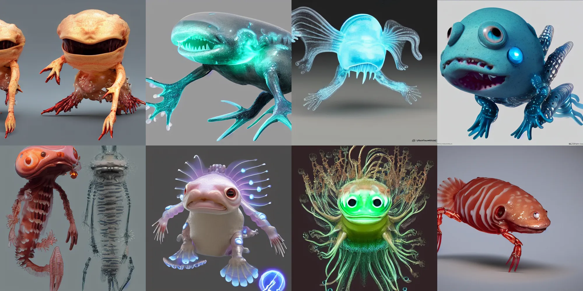Prompt: cute! biomechanical axolotl, ghost shrimp, Barreleye fish, translucent SSS xray, Barreleye, rimlight, jelly fish dancing, fighting, bioluminescent screaming pictoplasma characterdesign toydesign toy monster creature, zbrush, octane, hardsurface modelling, artstation, cg society, by greg rutkowksi, by Eddie Mendoza, by Peter mohrbacher, by tooth wu