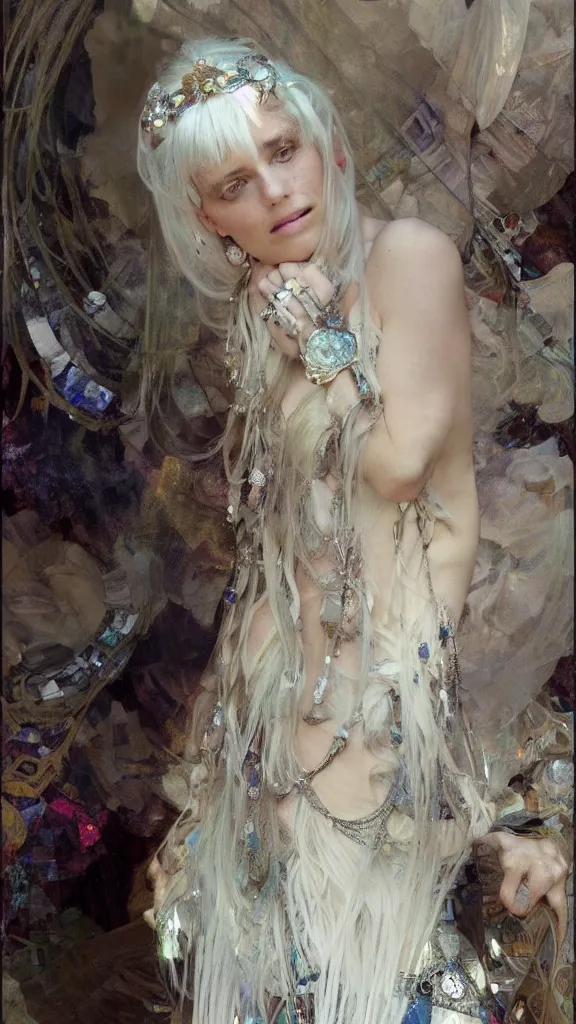 Image similar to a highly detailed beautiful white haired woman, adorned with precious stones, by jeremy mann and alphonse mucha 4 k resolution, trending on artstation, very very detailed, masterpiece, stunning,