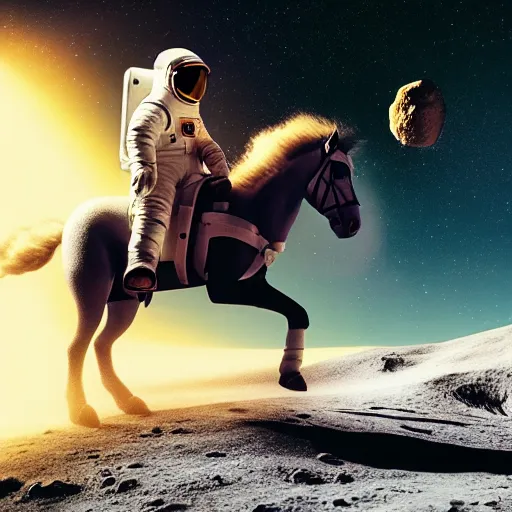 Image similar to professional photo of astronaut riding a horse on the moon, hyperrealistic masterpiece, trending on artstation, cgsociety, kodakchrome, golden ratio, cinematic, composition, beautiful lighting, hyper detailed, sharp focus, octane render, 4 k, unreal engine