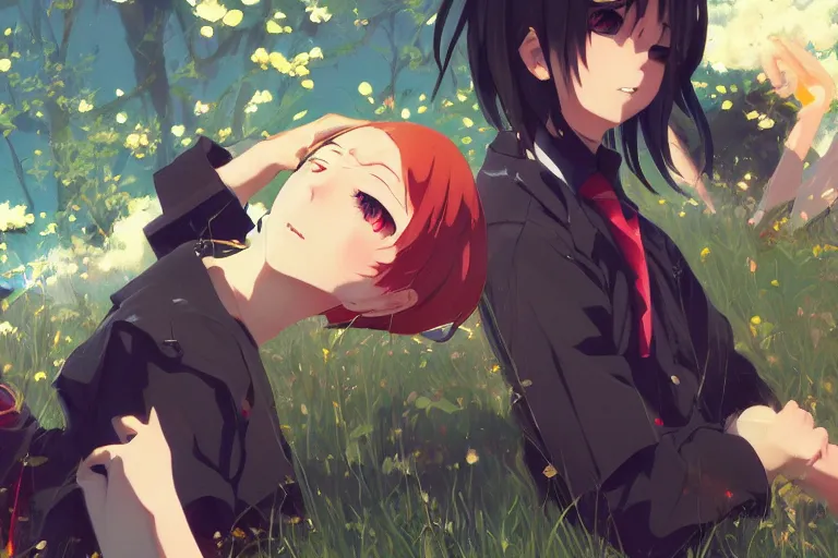 Image similar to boy's love anime high school scene spring setting, expert high detail concept art, romantic undertones, perfect proportions fine - face, realistic shaded lighting poster ilya kuvshinov, katsuhiro, jeremy lipkin and michael germash, makoto shinkai, loish and clamp style, trending on art station, best selling artist